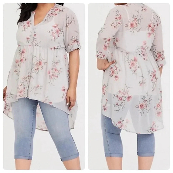 TORRID | Lexie Grey Sheer Floral Babydoll Tunic High-Low Tunic Plus Top Size 1X - Picture 1 of 8